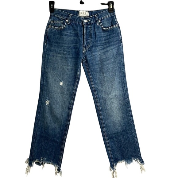 We The Free Denim - We The Free Button Fly Straight Leg Distressed Jeans Womens Size 24‎ Medium Wash